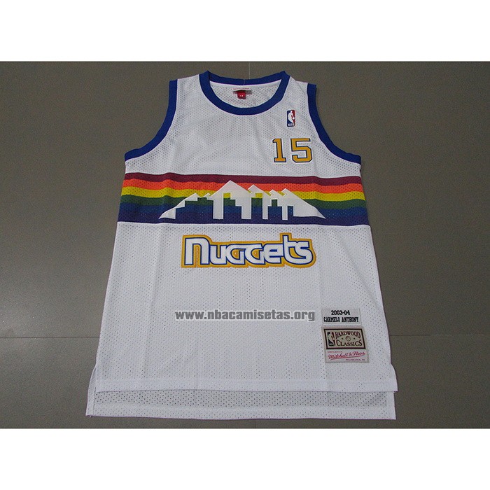 Camiseta Denver Nuggets Carmelo Anthony NO 15 Mitchell & Ness 2003-04 Blanco